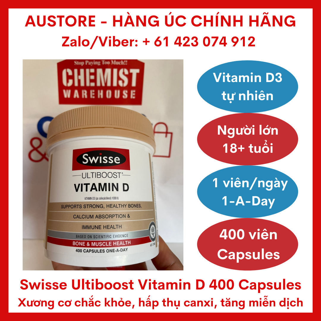 [Bill Úc, Date 05/2024, 400 viên] Swisse Ultiboost Vitamin D 400 Capsules - Viên uống bổ sung vitamin D3 Swisse có nguồn gốc tự nhiên để hỗ trợ xương & răng chắc khỏe, hấp thụ canxi, sức khỏe miễn dịch