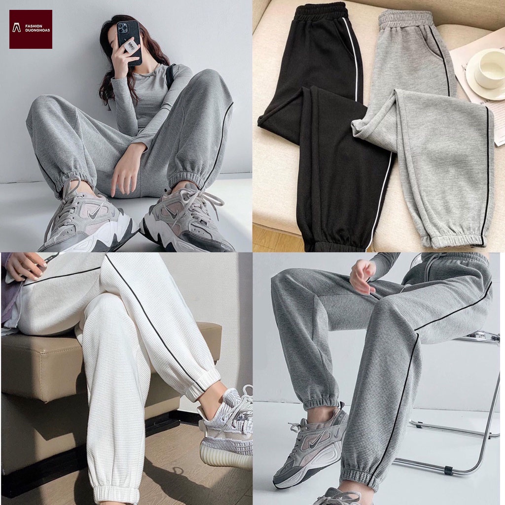 Quần jogger thể thao nữ viền sọc trẻ trung Quần ống rộng bo gấu chất Nỉ tổ ong cao cấp không bai xù mã 606