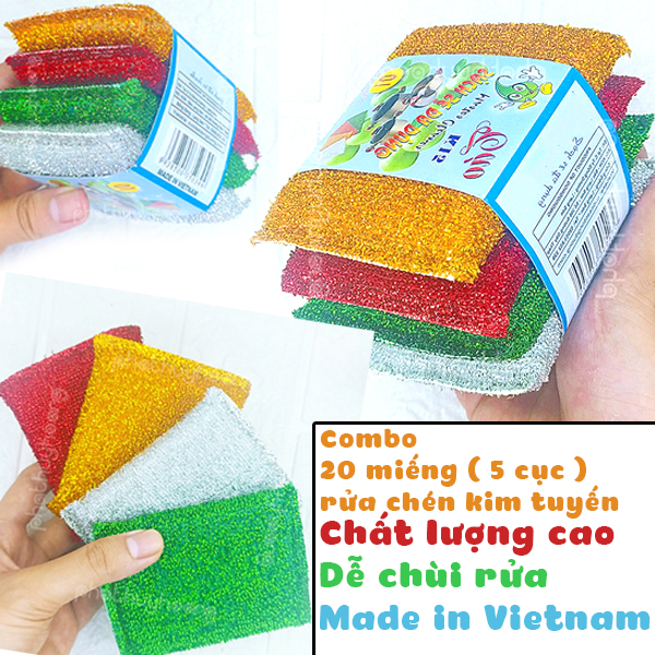 Combo 20 miếng rửa chén kim tuyến ( 5 cục ) , miếng cước rửa chén đa năng tiện dụng, cước chùi nồi siêu sạch giá rẻ, miếng rửa chén bát bền đẹp cho nhà bếp, cước chà xoong nồi có xốp tạo bọt , Phát Huy Hoàng