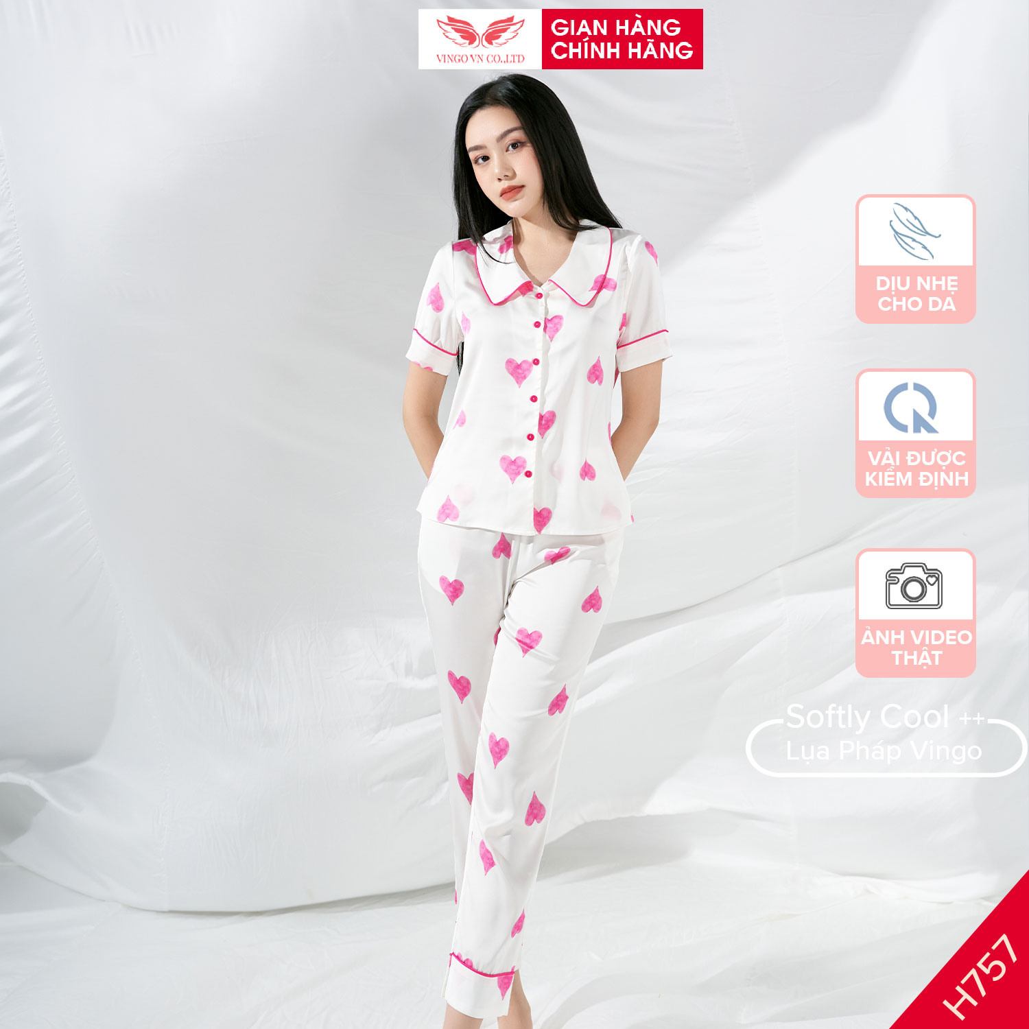 Đồ bộ nữ pijama mặc nhà lụa Pháp Vingo tay ngắn quần dài TCQD H757 VNGO