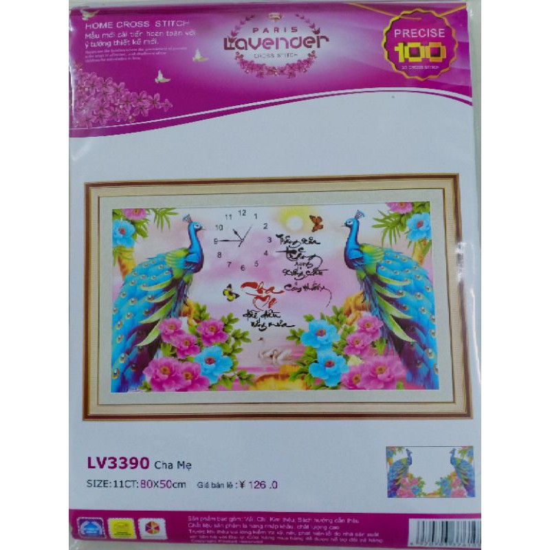 Tranh thêu chữ thập cha mẹ công xanh đồng hồ LV3390 kích thước 80*50