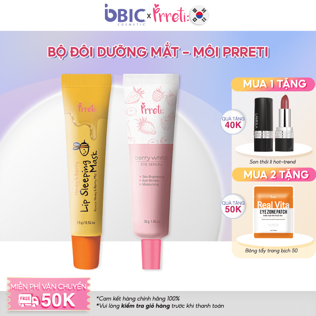 Combo sản phẩm dưỡng môi và mắt Prreti gồm Kem dưỡng mắt giúp mờ thâm mắt, Mặt nạ ngủ môi ban đêm giúp cấp ẩm cho đôi môi hồng hào BIC Cosmetic