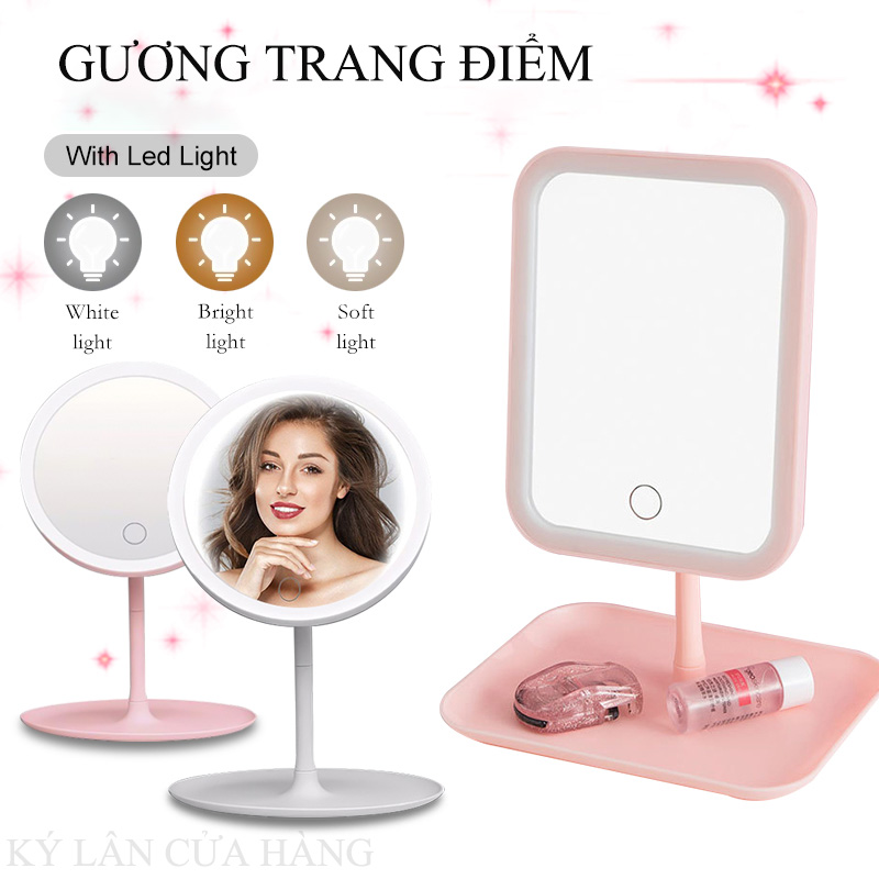 Gương để bàn đèn led,gương để bàn trang điểm có đèn led cảm ứng - 3 chế độ ánh sáng, kèm sạc