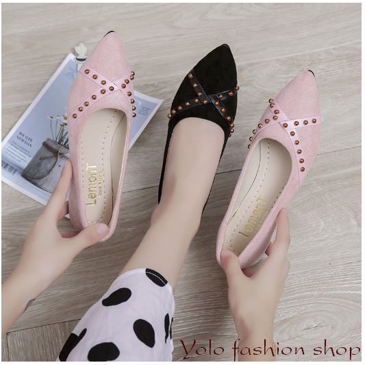 Giày bệt búp bê nữ đế bằng da lộn đính đinh xinh xắn hàng QC cao cấp - Kèm hình thật
