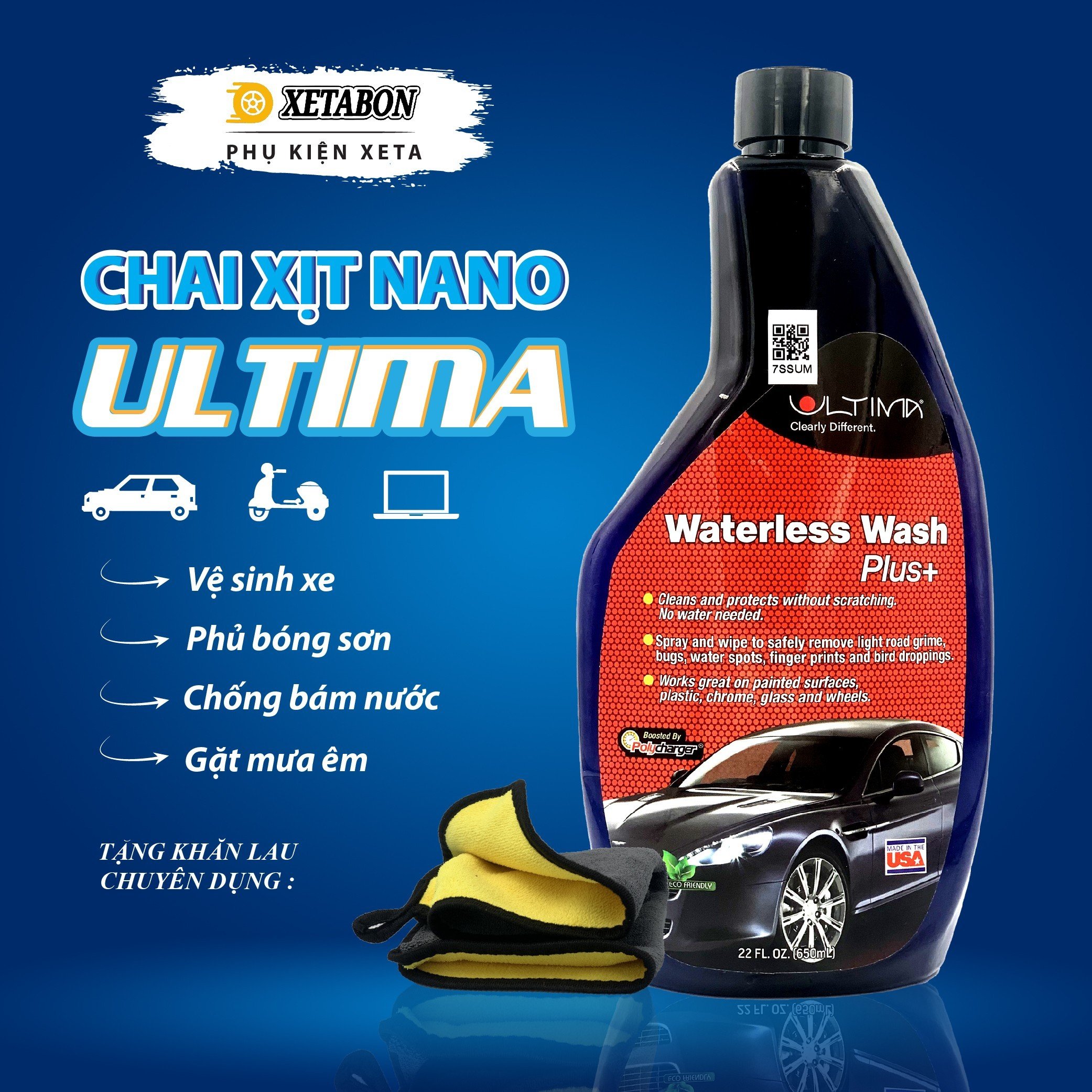 Chai xịt nano dẻo Ultima 650ml , 200ml  Vệ sinh  Phủ bóng, Chống bám nước kính cho ô tô, phủ nano chống bám nước Tặng khăn chuyên dụng