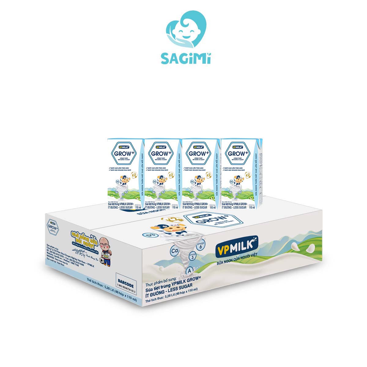 [THÙNG 48 HỘP] Sữa Tiệt Trùng VPMilk Grow+ Hộp 110ml - Vị Ít Đường Cho Bé Từ 1 Tuổi