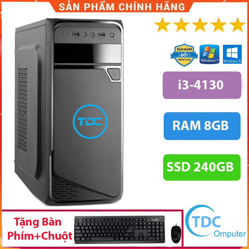 Case máy tính để bàn, máy tính chơi game,cây máy tính văn phòng MAX PC CPU Core i3 4130 Ram 8GB SSD 240GB+ Qùa tặng bộ phím chuột, bàn di chuột. Bảo hành 12 tháng.