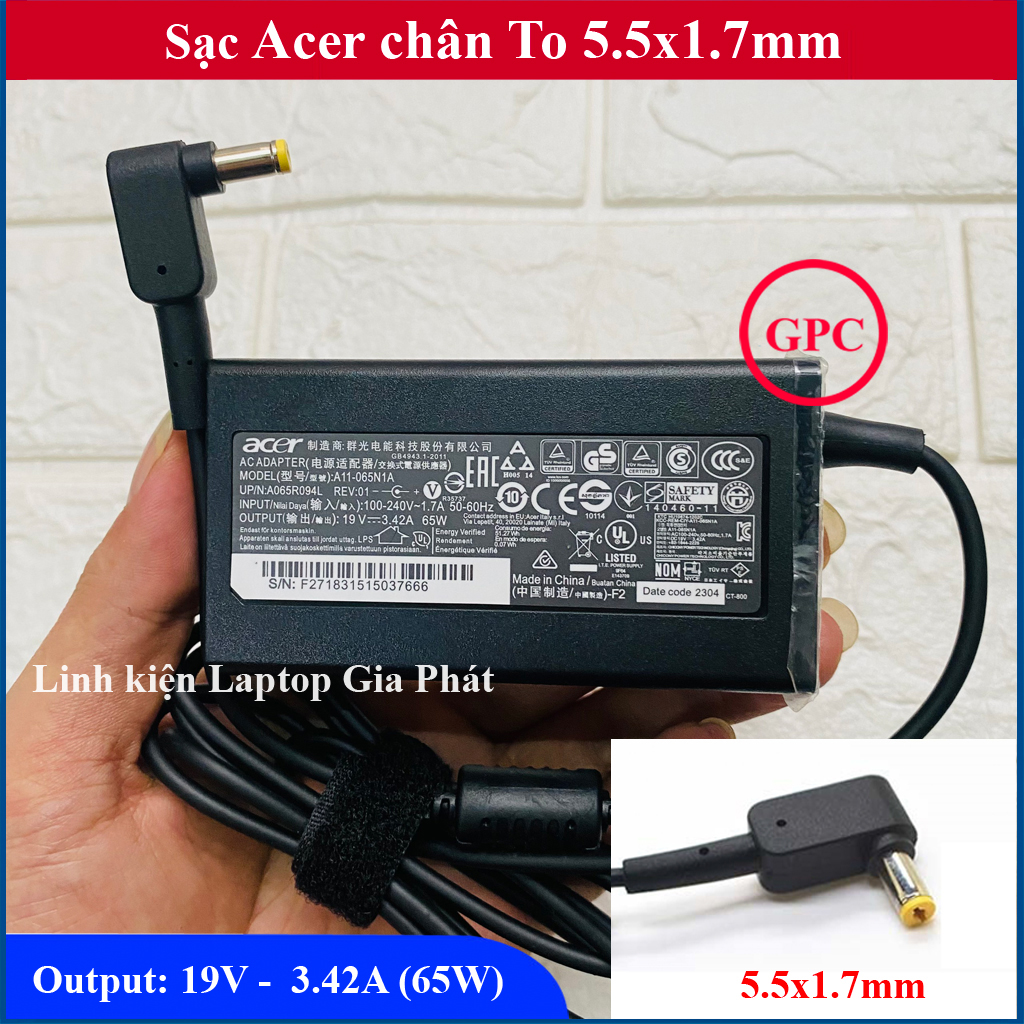 Sạc laptop acer 19v - 3.42a – 65w chân to 5.5x1.7mm zin đẹp thay cho acer aspire e5-575 e5-573 f5-573 f5-575 e5-571