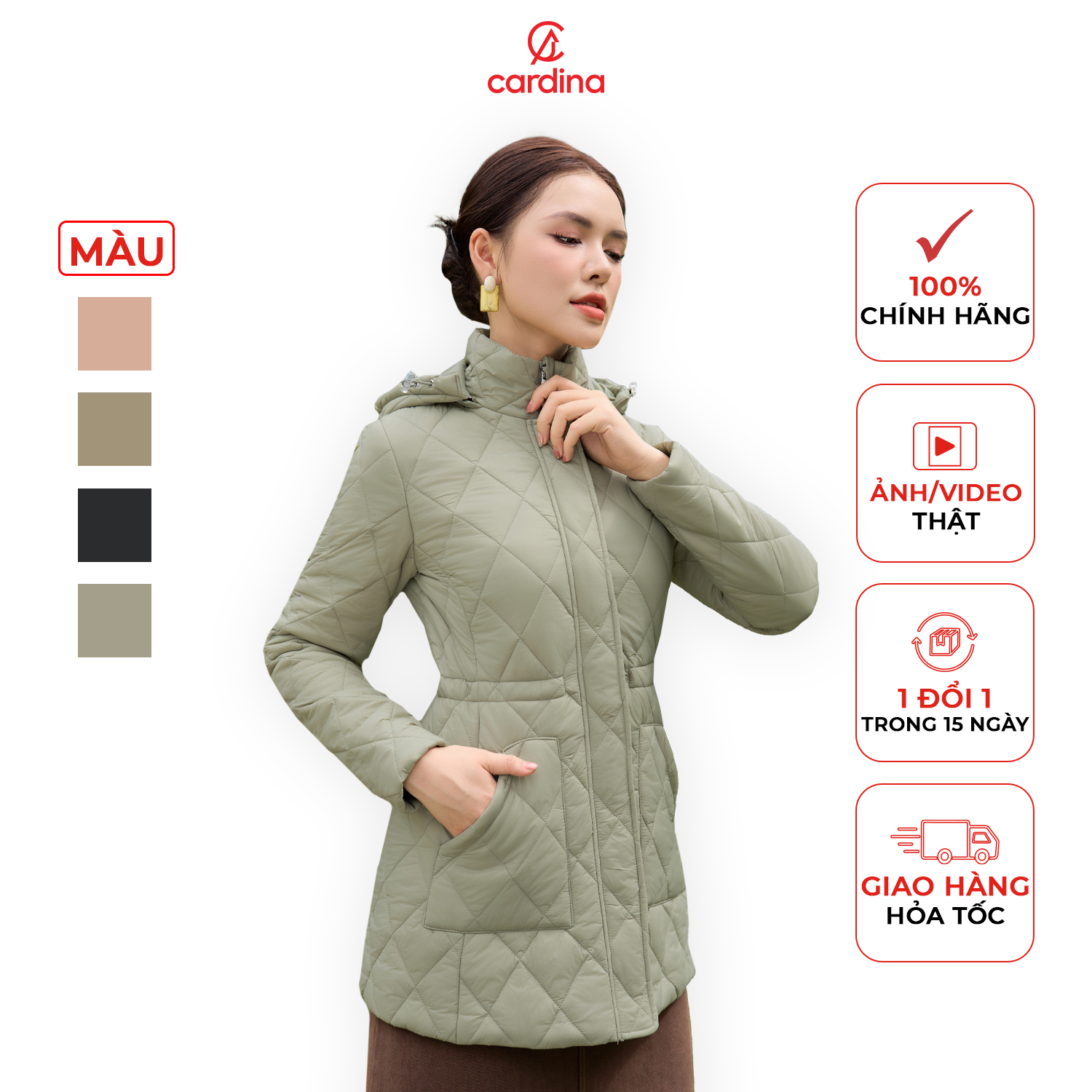  Áo Phao nữ CARDINA chất liệu vải gió cao cấp chống nhăn mềm mại trần bông nhẹ giữ nhiệt tốt 4PLF01 