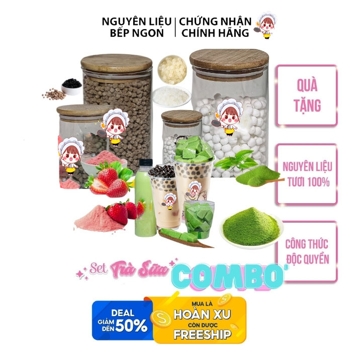 Nguyên liệu tự pha trà sữa trân châu combo trân châu đen, trắng, hoàng kim, dâu, khoai môn, mini 6 gói 3kg cầu vòng 6 màu đủ loại siêu ngon