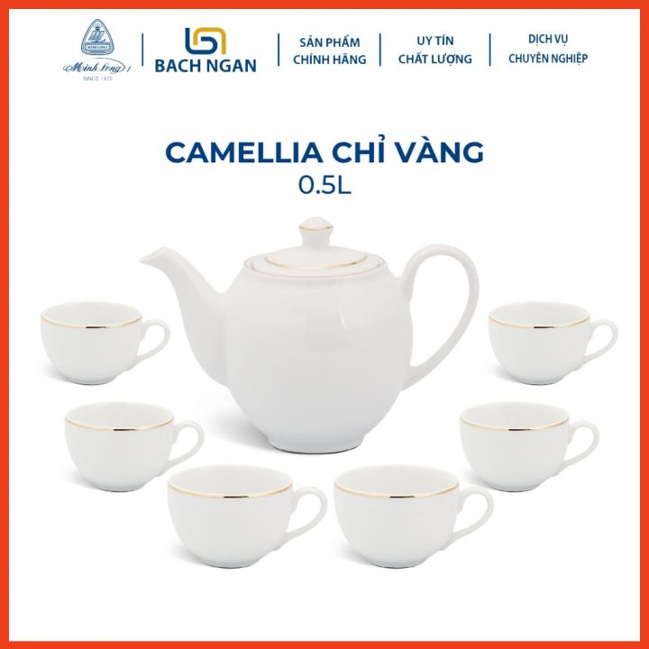 Bộ Ấm Trà Gốm Sứ Cao Cấp Minh Long 0.5L Camellia Viền Chỉ Vàng hàng đẹp, sang trọng đãi khách, quà tặng - 6 tách