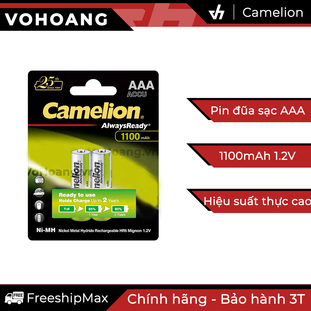 Bộ 2 pin đũa sạc Camelion AAA 1100mAh - Hiệu suất thực cao, điện áp 1.2V