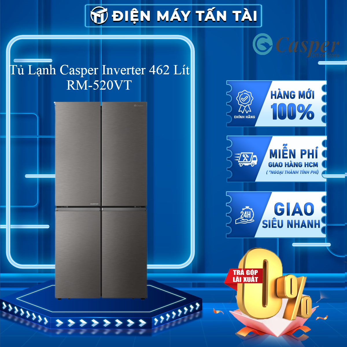 Tủ lạnh casper inverter 462 lít rm-520vt - giao hàng toàn quốc- miễn phí hcm