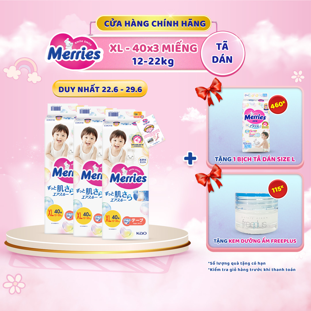 Combo 3 Tã/bỉm dán Merries Đủ Size NB76/S70/M56/L48/XL40