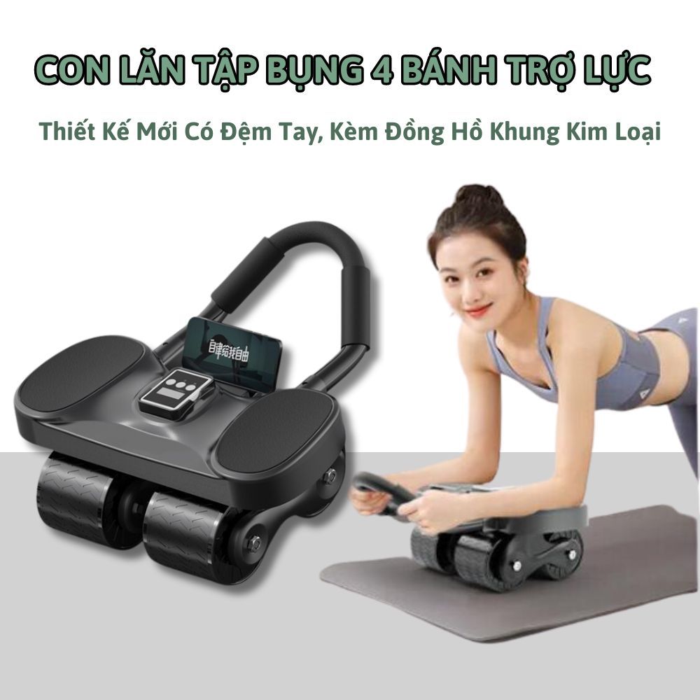 Con Lăn Tập Bụng Trợ Lực 4 Bánh Chống Đổ Có Đồng Hồ Dụng Cụ Plank Tại Nhà Thế Hệ Mới 2024 Tặng Kèm Thảm Kê Chân