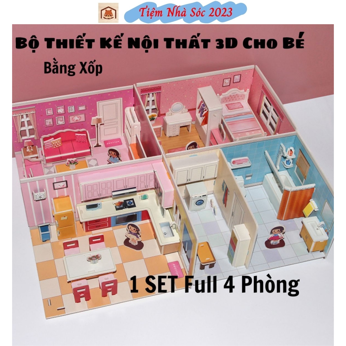 Cute house interior design 3D puzzle toy set full 4 room set for creative baby-nursery 2023