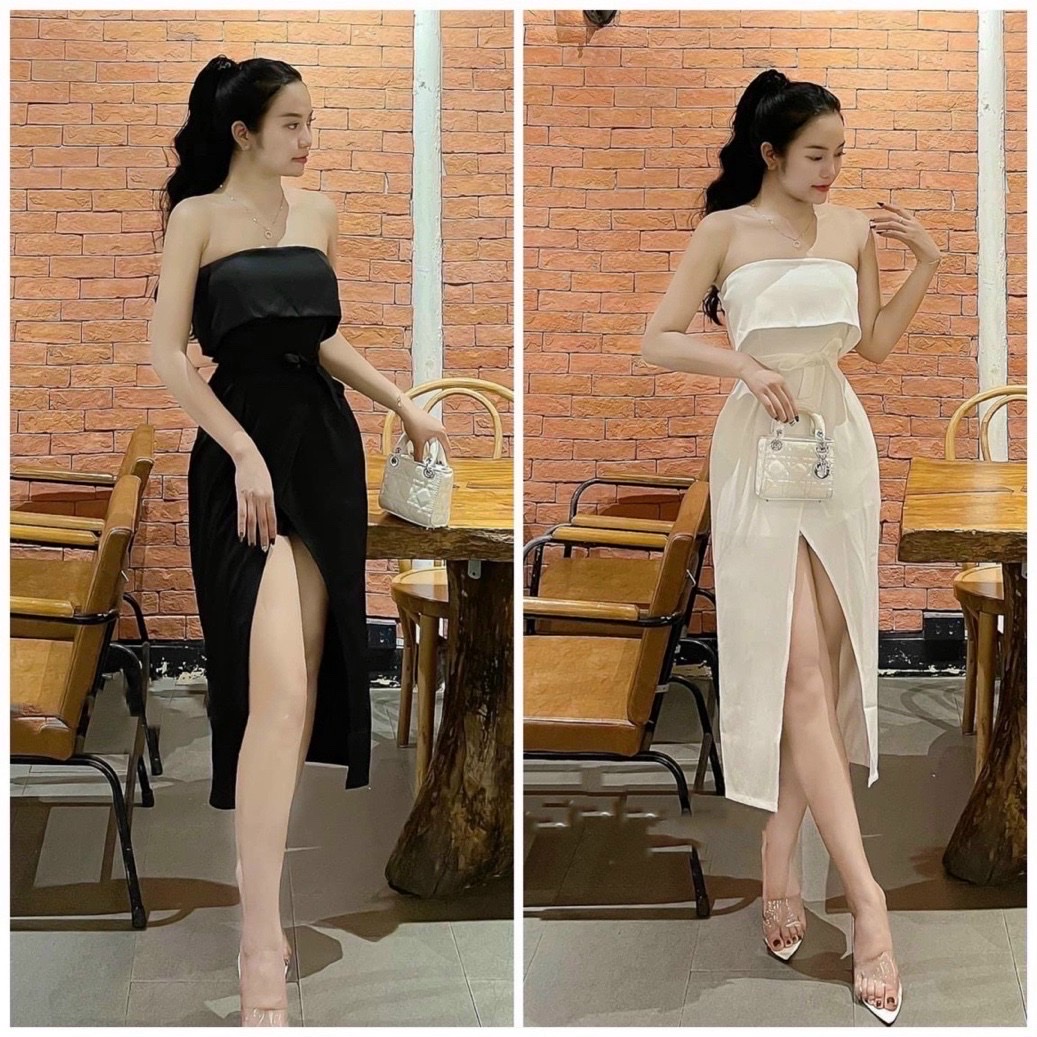 Đầm nữ váy nữ Rossy Fashion, đầm midi ống thắt eo xẻ đùi - SR170