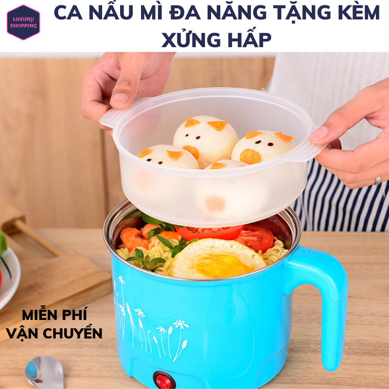 Nồi lẩu điện ca nấu mì có giá hấp - nồi lẩu điện đa năng 2 tầng có lồng hấp và nắp kính cao cấp - ca nấu mì nồi lẩu đa năng có lồng hấp bằng nhựa