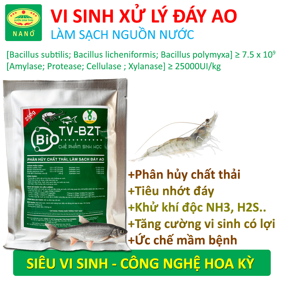 Chế phẩm vi sinh hồ cá, tôm. Xử lý nước, bùn đáy ao. Ức chế tảo độc và khí độc. Cân bằng pH. Ổn định màu nước. Chứa hàng tỷ bào tử hữu hiệu nhập khẩu từ HOA KỲ