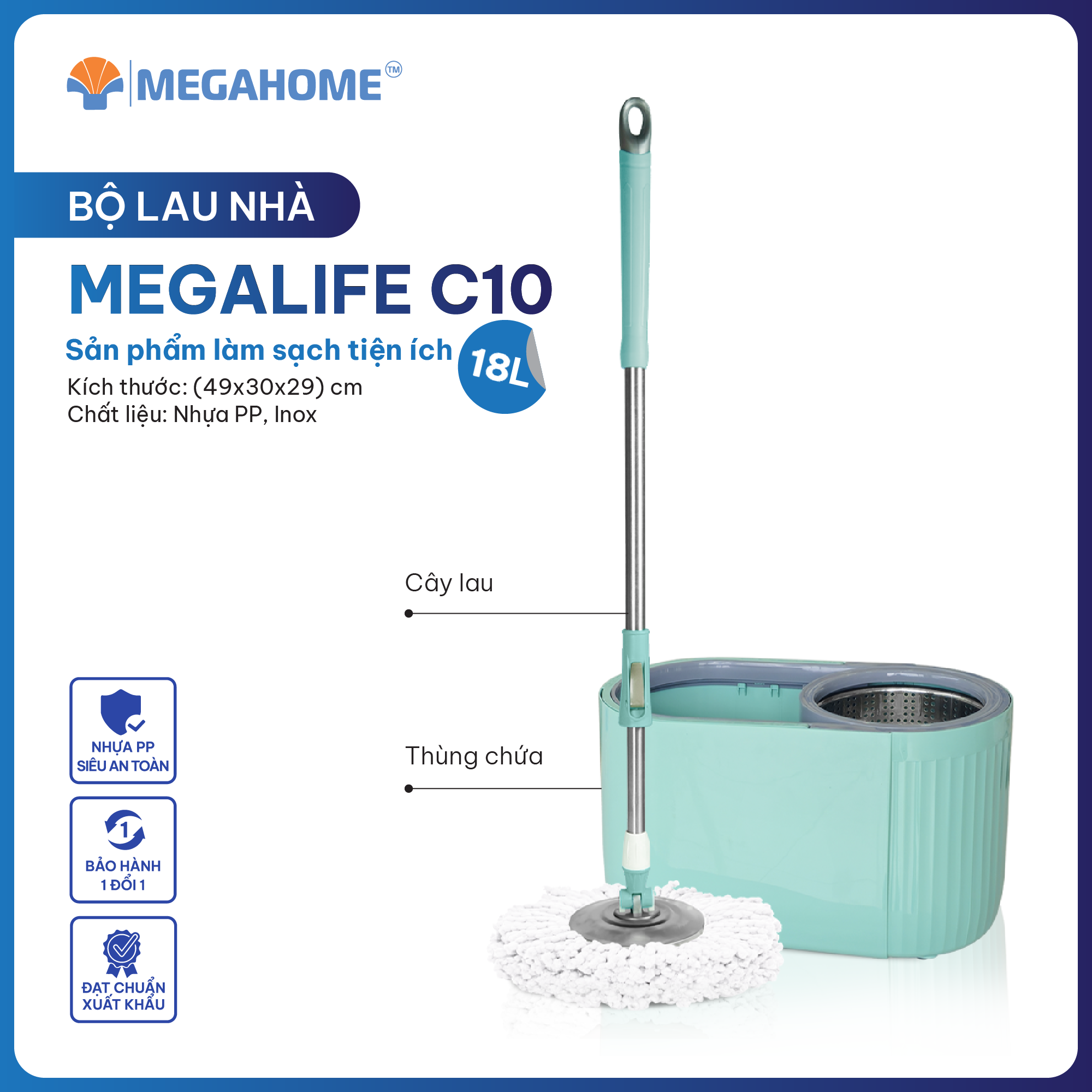 Bộ lau nhà Megahome xoay 360 độ Megalife C10 - Thiết kế hiện đại, lồng inox chống gỉ, dễ làm sạch
