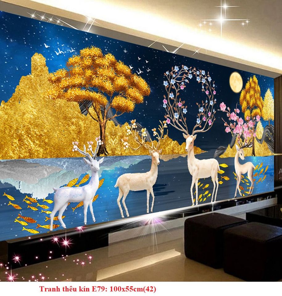 (tranh chưa thêu) Tranh thêu kín Hươu Tài Lộc kích thước 100x55cm