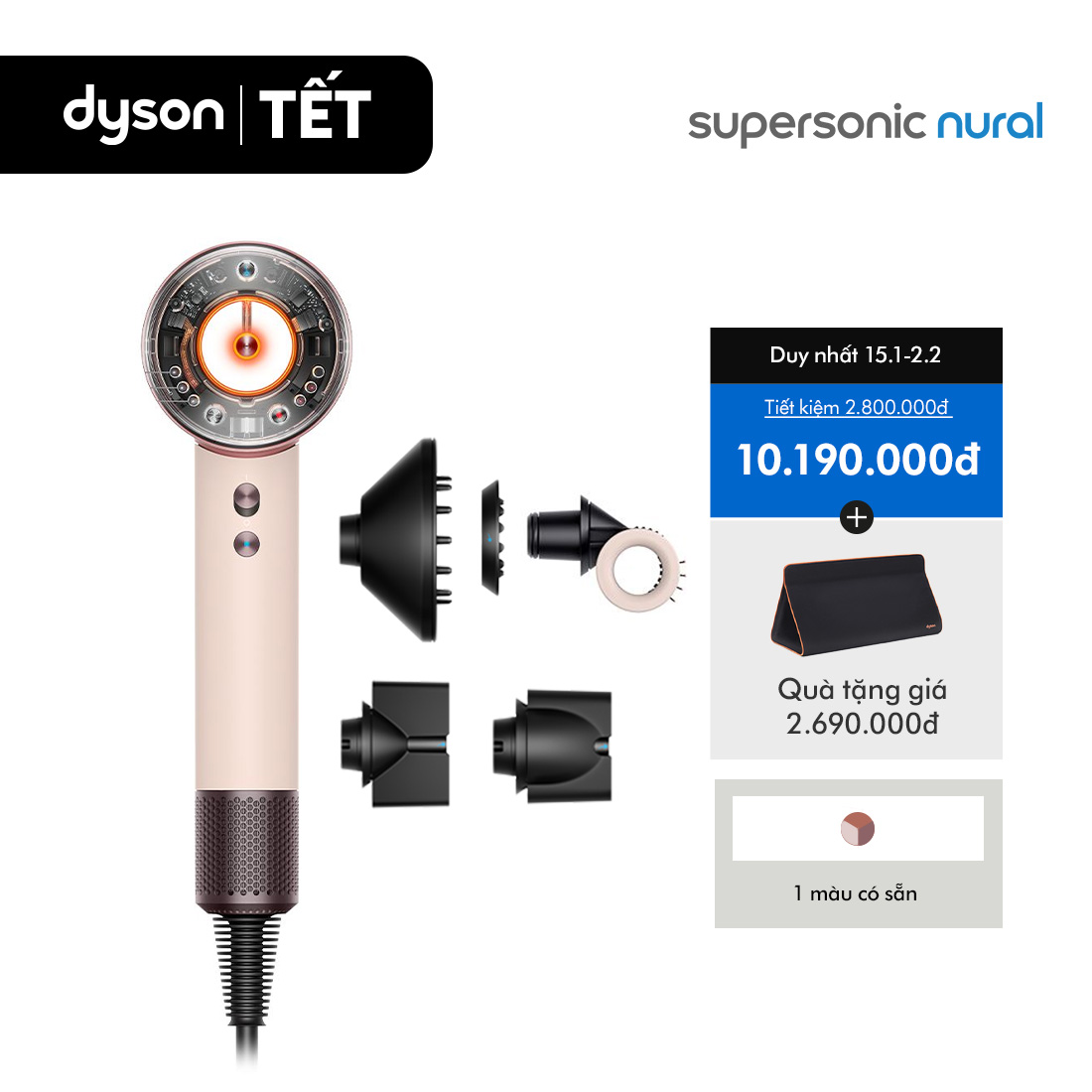 DUY NHẤT 1-3.1: VC 12% Tối đa 3 Triệu Không hộp da Máy Sấy Tóc Dyson Supersonic Nural HD16 Ceramic Pink Rose Gold