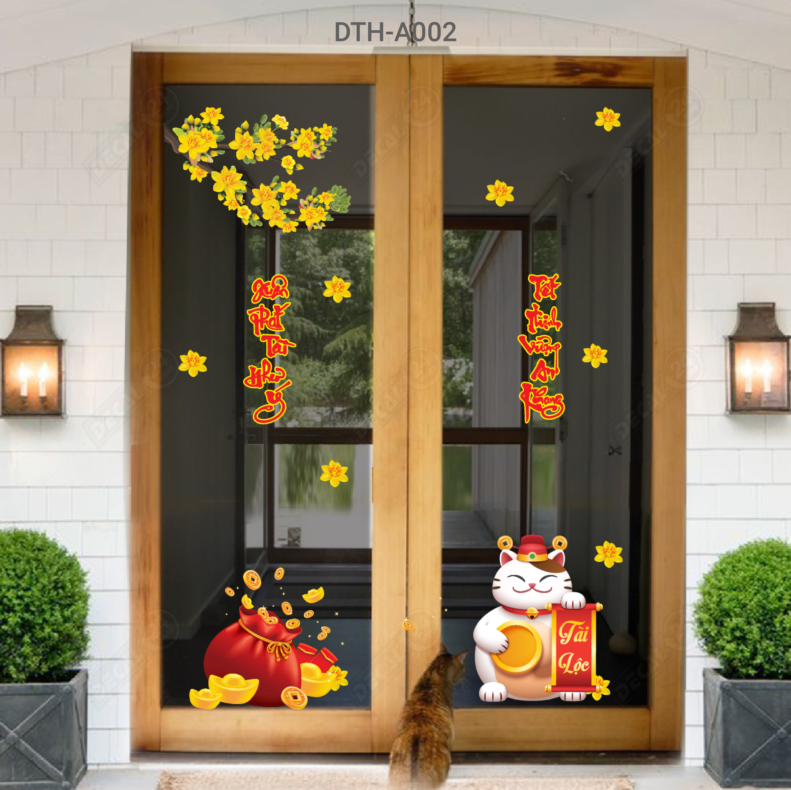 Decal dán kính trang trí tết 2023 họa tiết chú mèo tài lộc, decal dán cửa kính đón năm mới, combo dth-a002