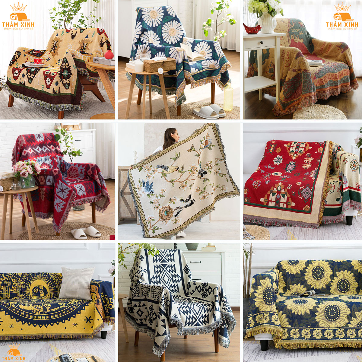 Thảm phủ sofa họa tiết thổ cẩm, khăn thảm trải sofa chống bụi bẩn, trang trí, thảm picnic, thảm phòng khách họa tiết thổ cẩm