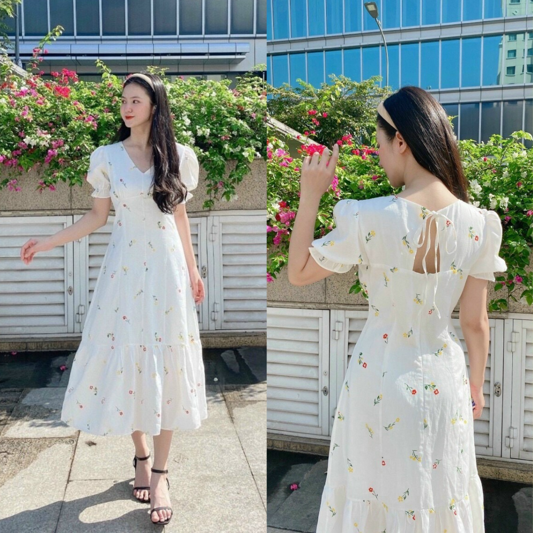 Đầm hoa nhí trắng nơ lưng, Váy hoa nhí cổ tim vải hoa mát mẻ Cao Cấp dáng xòe tay ngắn - MiNhi Dress