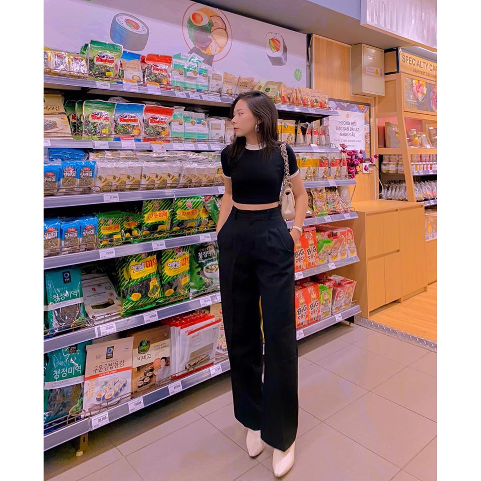 Quần ống rộng dài lưng cao khóa giữa siêu xinh vải mềm tuyết mưa đen tím cao cấp Hàn Quốc Q020
