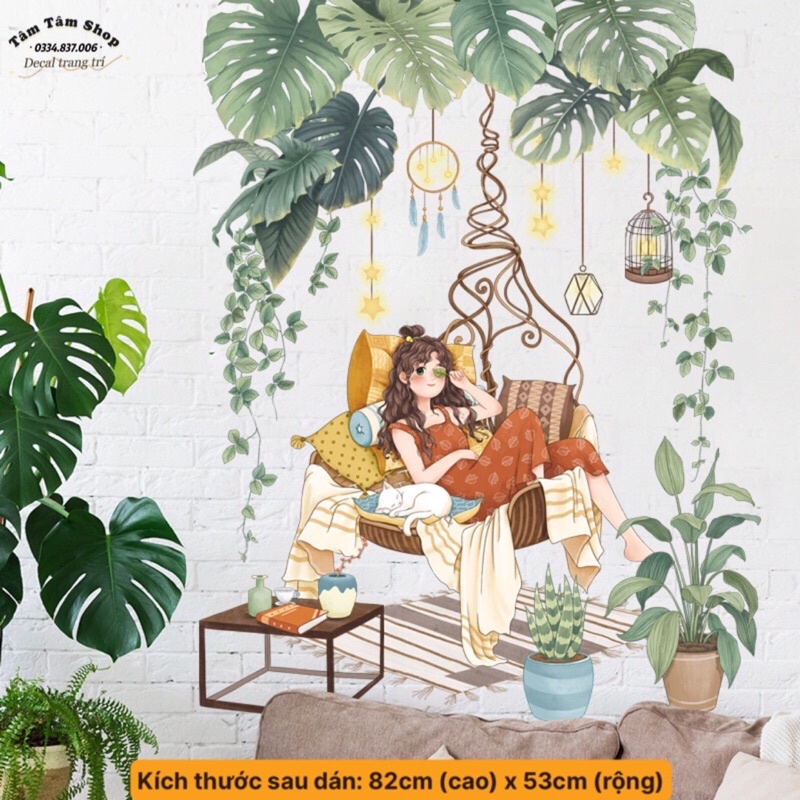 Tranh dán tường, Decal dán tường cô gái ngồi đu dưới tán cây.
