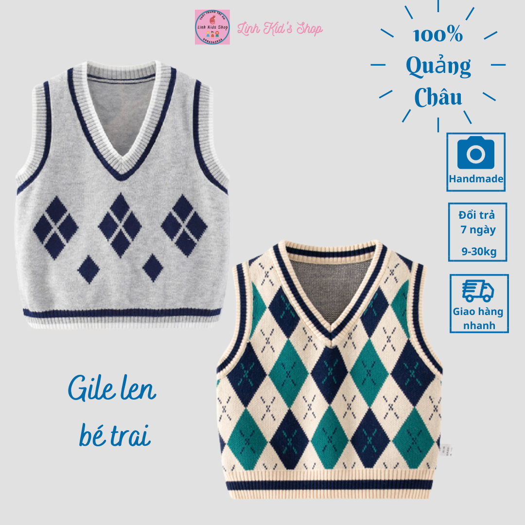 Áo len gile cổ tim Quảng Châu cao cấp cho bé trai từ 8-30kg