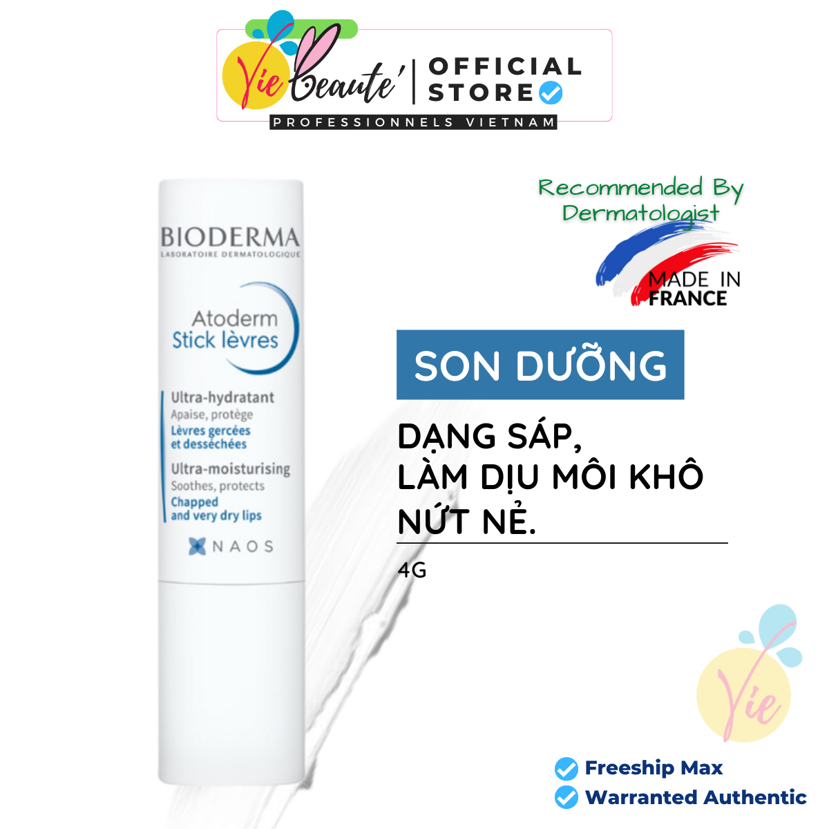 Son Dưỡng Bioderma Atoderm Stick Levres 4g Làm Dịu Môi Khô, Nứt Nẻ