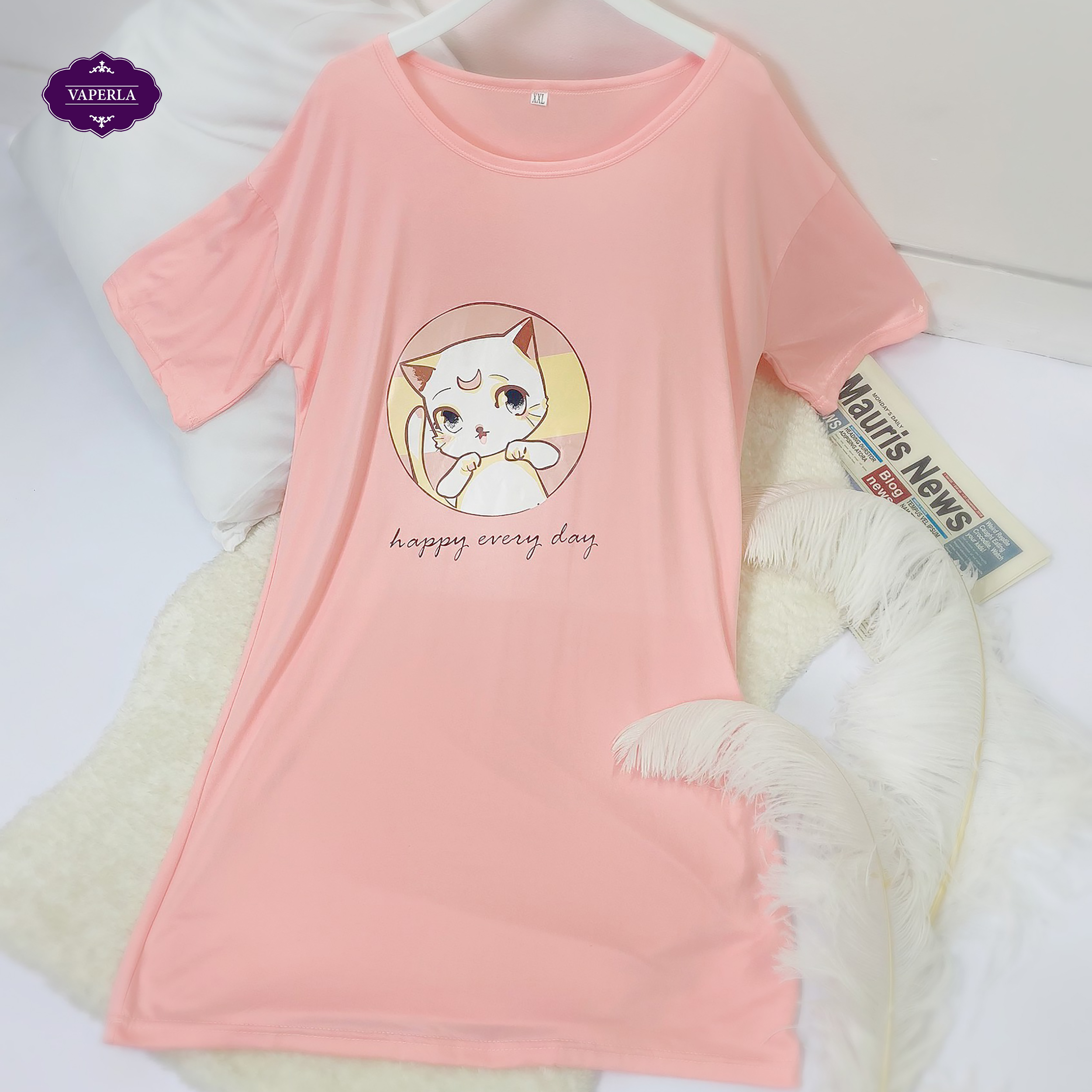Váy ngủ nữ cotton dáng suông mèo Luna màu hồng thương hiệu Vaperla