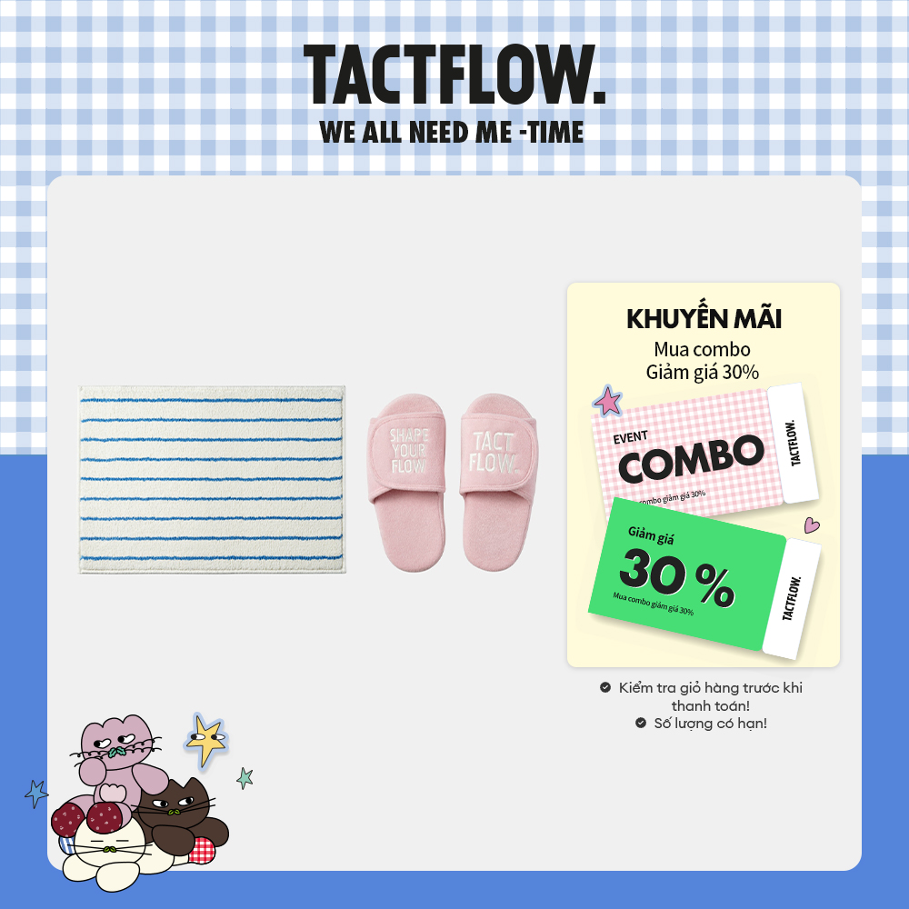 Bộ Thảm chùi chân TACTFLOW Bath mat TFH 45*65cm - Sọc Xanh Biển và Dép đi trong nhà Comfy slipper hồng nhạt - size S