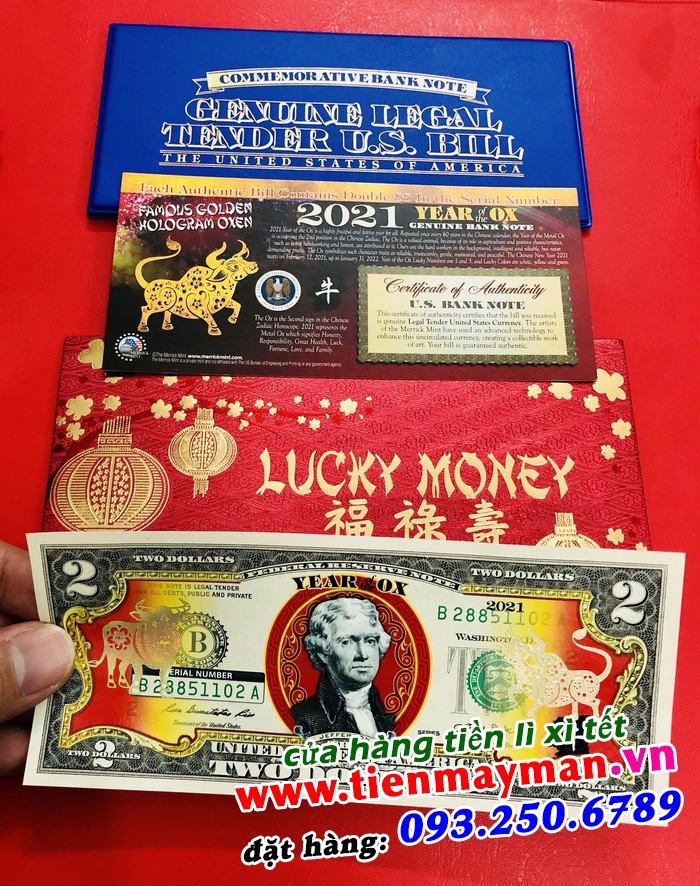 Tiền 2 usd hình con trâu mạ vàng 2021; màu: xanh; 15x6.5 -tmt collection