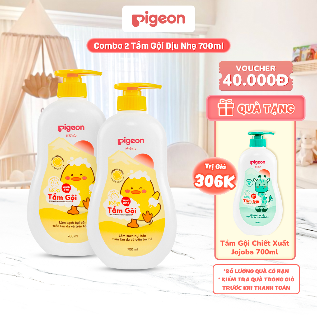 [TẶNG TẮM GỘI 700ML] Combo 2 Sữa Tắm Gội Dưỡng Ẩm Cho Bé Sơ Sinh Pigeon 700ml Dịu Nhẹ Mềm Mại An Toàn Cho Da Chính Hãng - Hương Jojoba / Hoa Hướng Dương