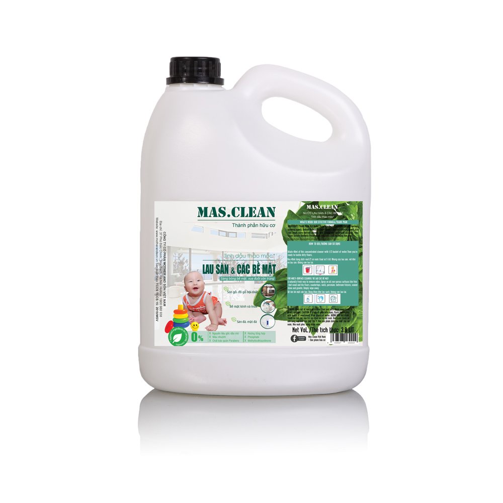 Nước lau sàn hữu cơ MasClean - Diệt khuẩn hiệu quả, giúp đuổi muỗi và côn trùng, bảo vệ các bề mặt - Can 3.8L