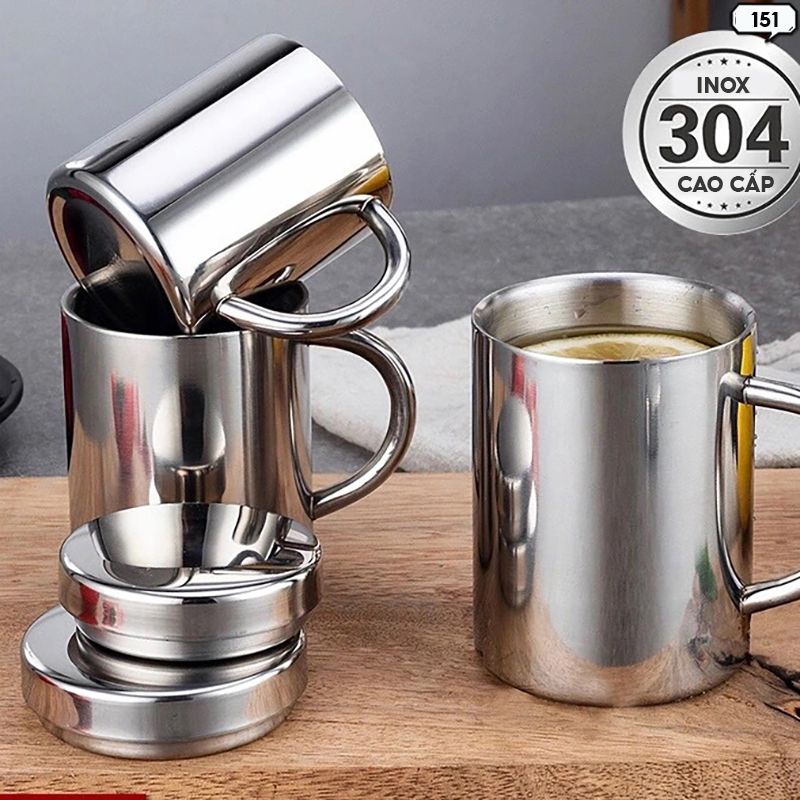 Cốc inox 2 lớp có kèm nắp inox 304 ly dung tích 200ml đong trà sữa ly uống trà 151