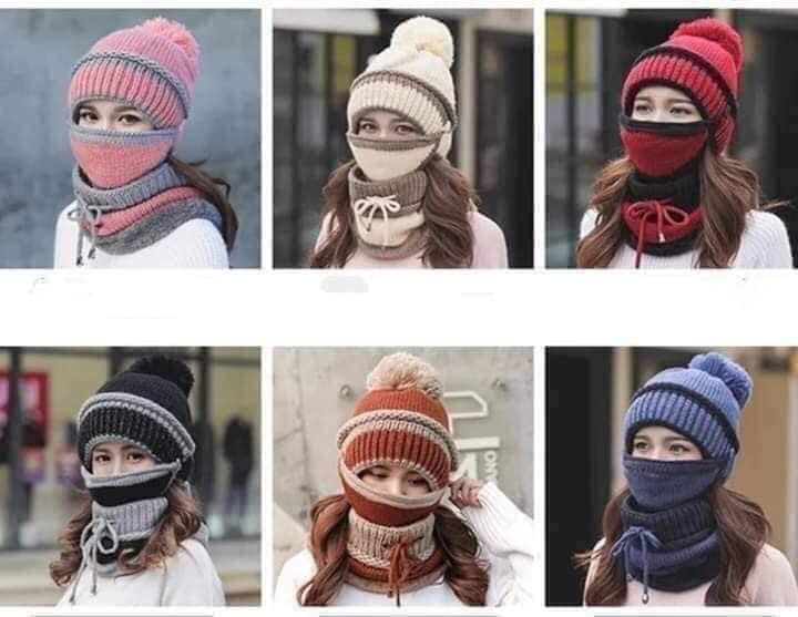 Khăn mũ nữ bịt tai kèm khẩu trang len,Mũ Len Kèm Khăn Choàng Cổ Giữ Ấm Dễ Thương Cho Nữ