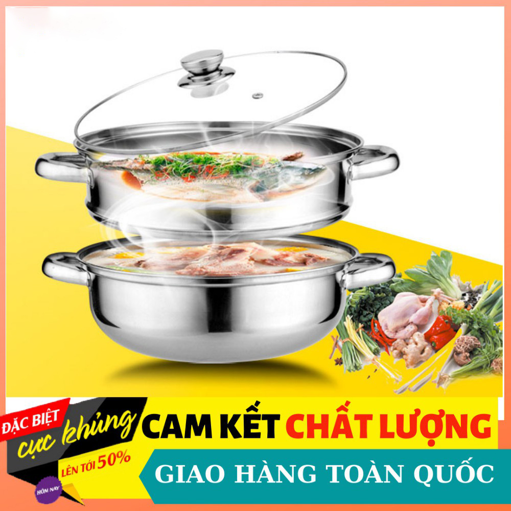 [HCM][Xả Kho] Nồi Hấp Thực Phẩm Đa Năng Nồi Hấp Inox 2 Tầng Hotpot 28 cm Nồi Hấp Trứng Hấp Bánh Bao Nồi Hấp Chín Nhanh Nắp Nồi Kính Trong Suốt Nồi Dùng Được Trên Bếp Gas Bếp Điện Từ Lò Nung....Nồi Hấp Hotpot 28CM Inox