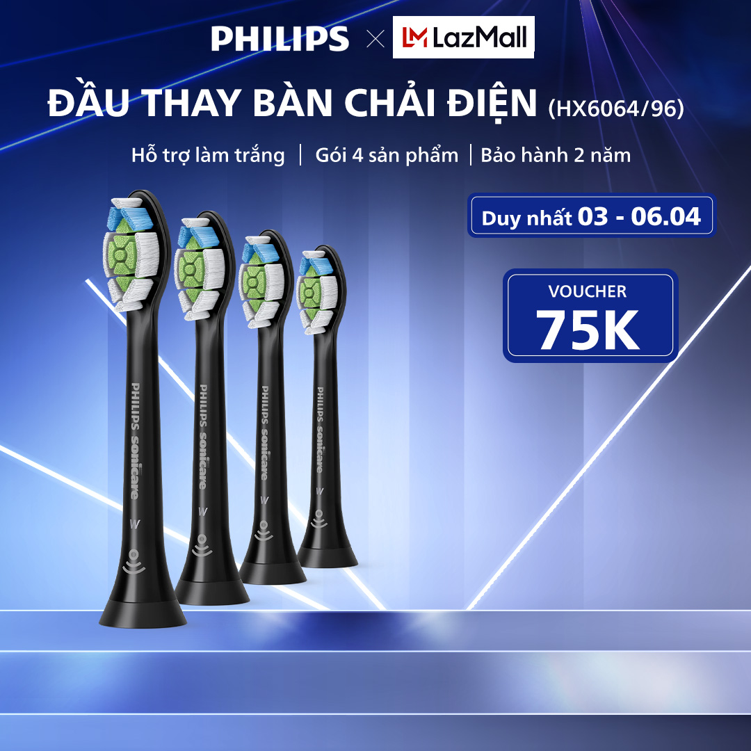 Bộ 4 Đầu Bàn Chải Điện PHILIPS Sonicare W HX6064/96, Màu Đen, Hỗ Trợ Làm Trắng Răng