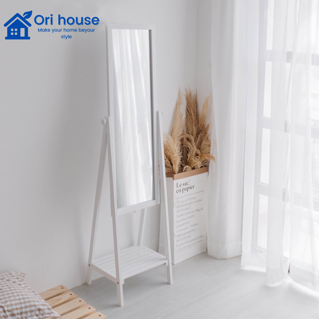 Gương soi toàn thân di động phối kệ khung gỗ màu trắng  - Ori House