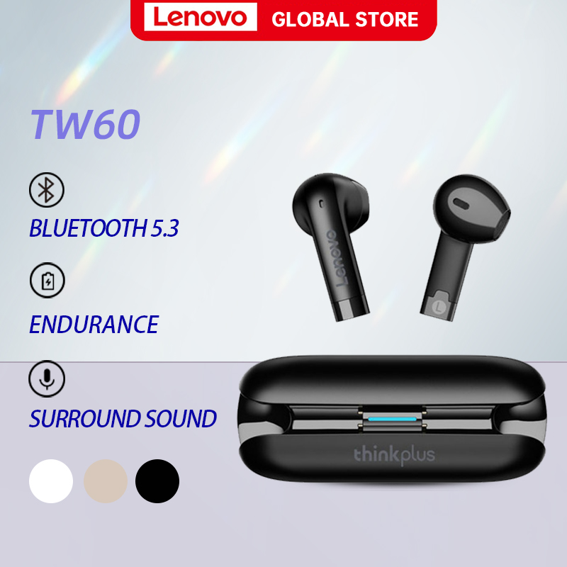 Lenovo TW60 TWS Bluetooth Earphone Stereo Sports Waterproof Wireless 5.3 Bluetooth Headphones Mini Stereo Bass Earbuds Headset 300mAH Long Standby Dual HD with Microphone