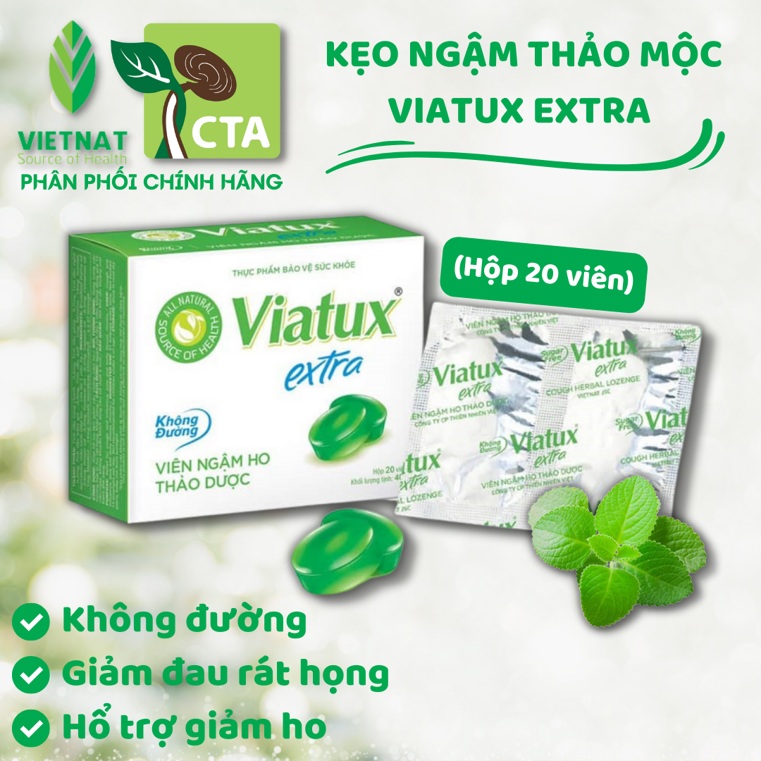 Kẹo Ngậm Húng Chanh Không Đường Viatux Extra Thảo Mộc Vietnat Hổ Trợ Giảm Ho