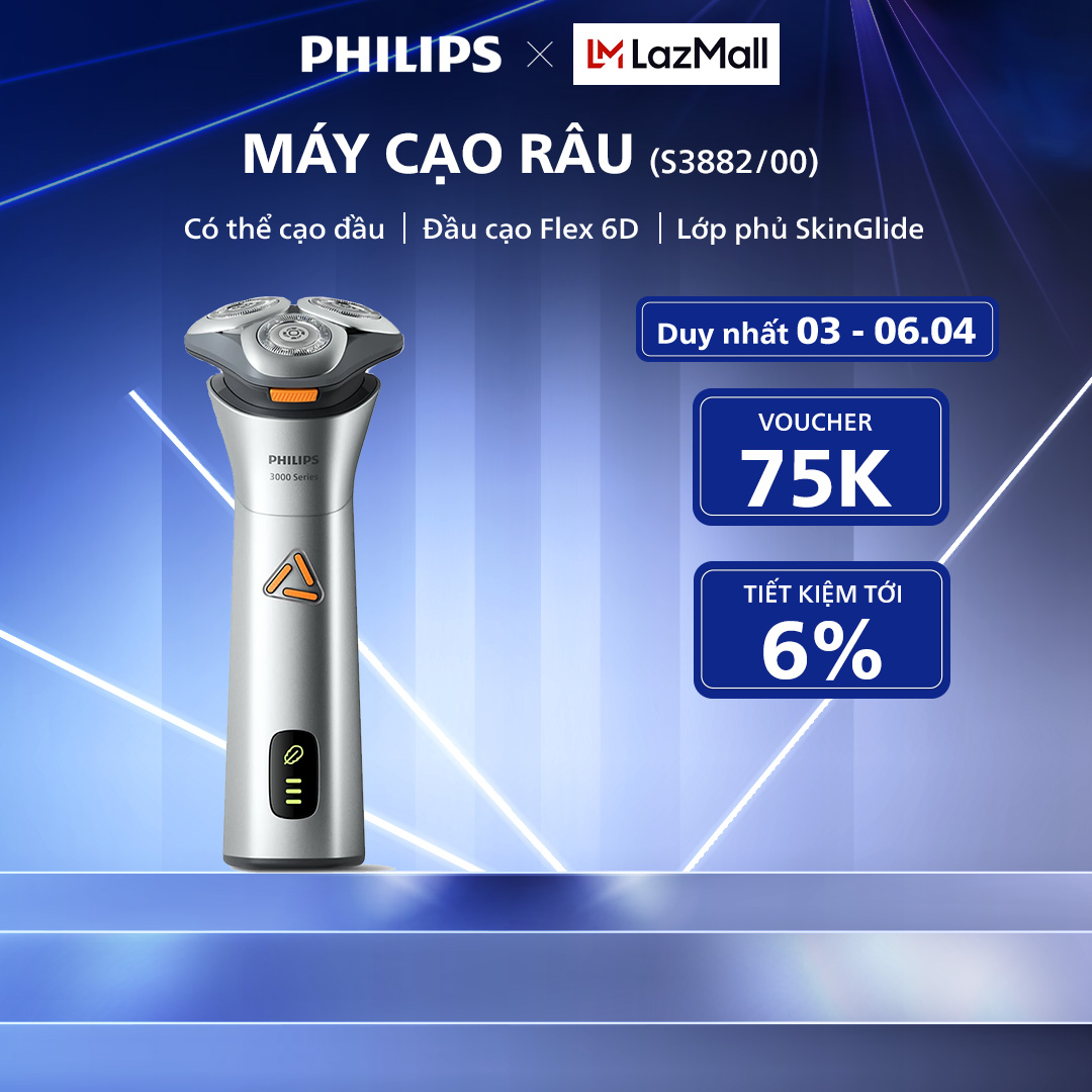 Máy Cạo Râu Khô Và Ướt PHILIPS S3882/00, Đầu Cạo Flex 6D, Lớp Phủ SkinGlide Bảo Hành Chính Hãng 24 Tháng