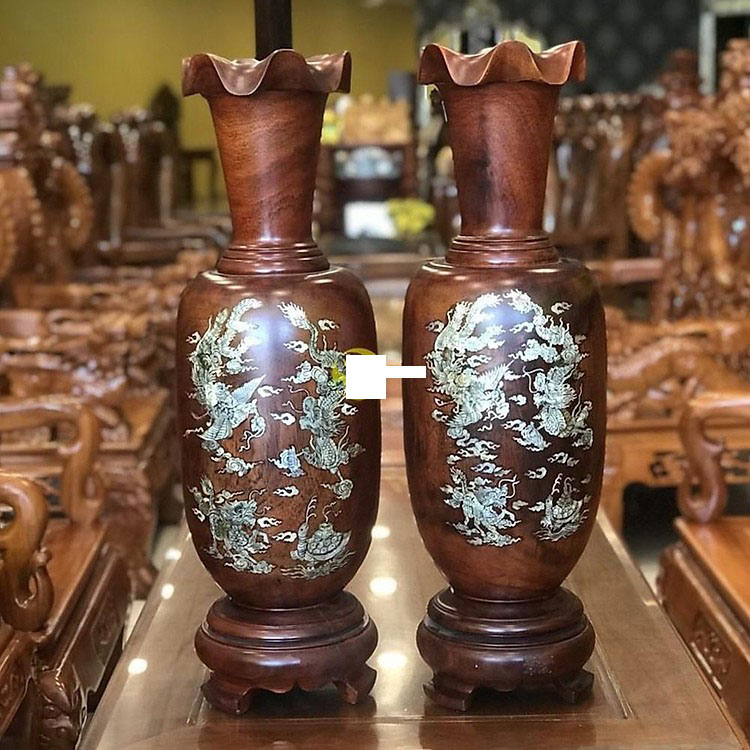 [Trả góp 0%] Lục bình gỗ lim một cặp cẩn ốc cao 70cm hàng nguyên khối