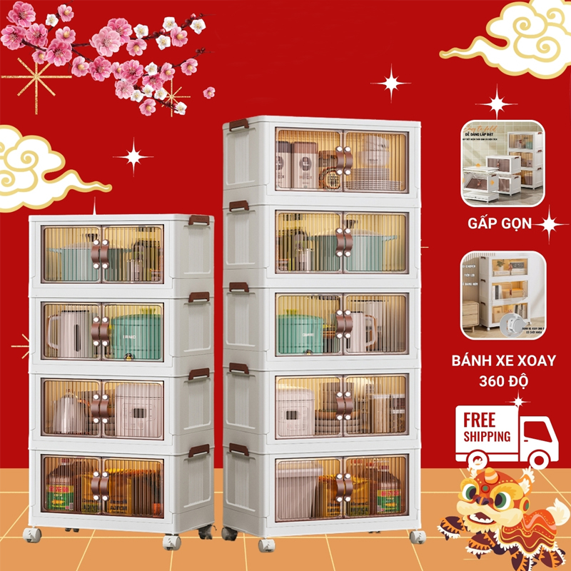 Tủ nhà bếp, tủ nhựa thông minh, tủ quần áo gấp gọn, tủ nhựa đa năng gấp gọn bánh xe xoay 360 độ di chuyển nhẹ nhàng tiện lợi