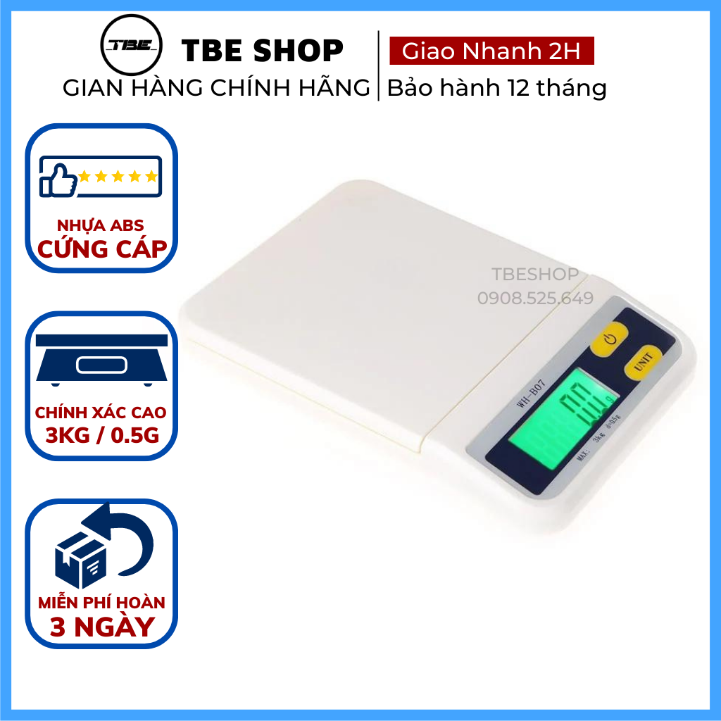 Cân Điện Tử Mini WH B07 3kg & 2kg Tính Năng Trừ Bì Với Độ Chính Xác Cao Phù Hợp Dùng Làm Bánh - Bảo Hành 1 Năm ( Màu trắng )