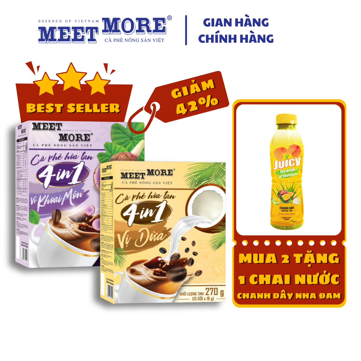 Combo 2 vị cà phê khoai môn và cà phê dừa Meet More (15 gói/hộp x 18g)